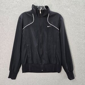 VINTAGE Nike Men Track Jacket Medium Black Windbreaker Swoosh Logo Full Zip